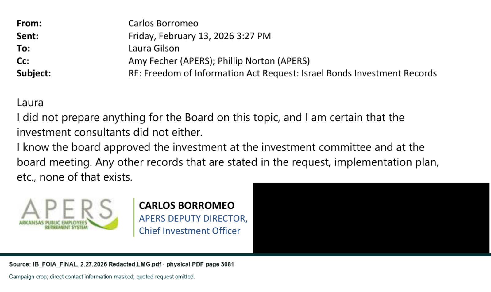 Reviewed exhibit: APERS chief investment officer FOIA-search email