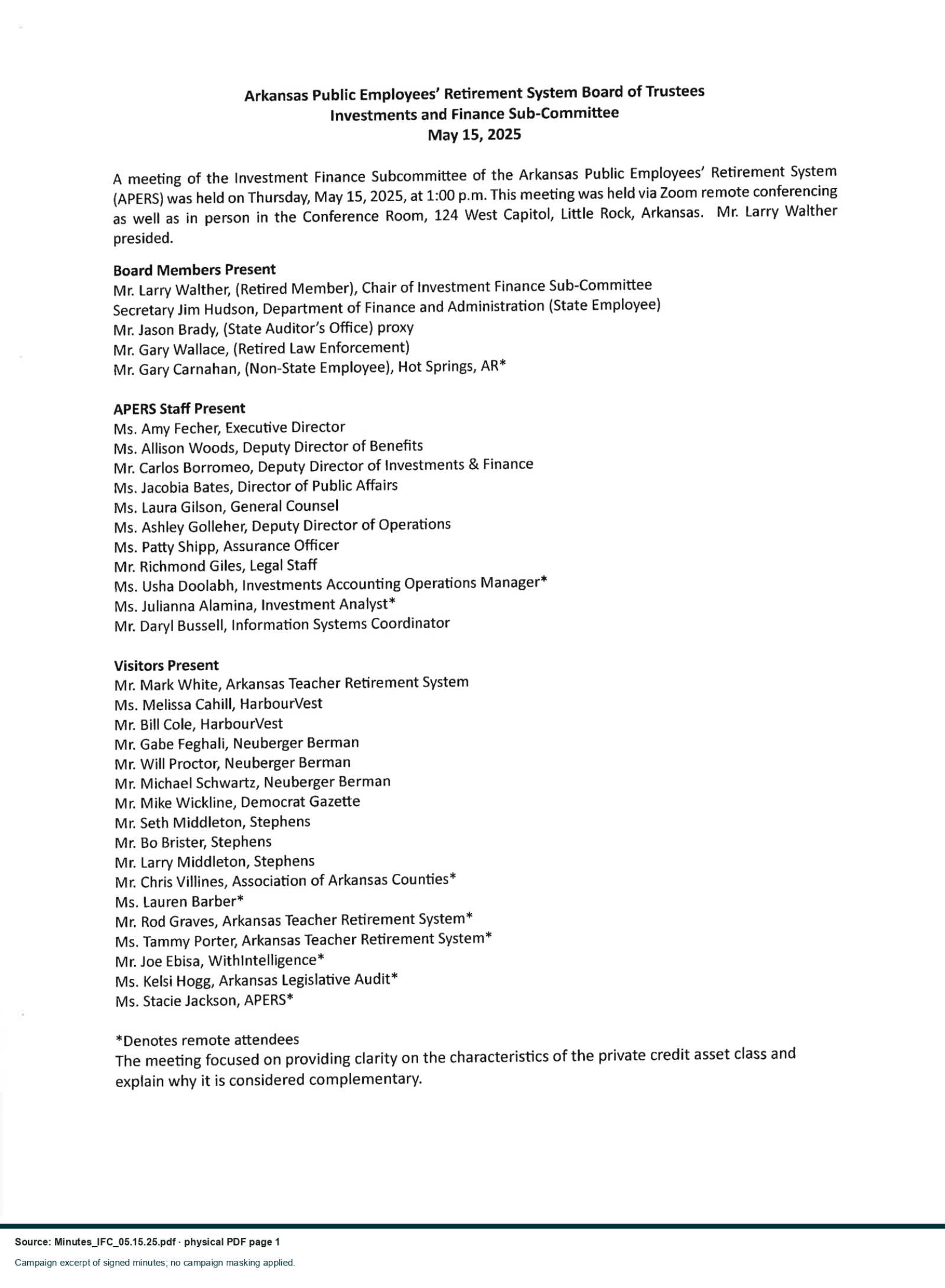 Reviewed exhibit: APERS Investment Finance Subcommittee signed minutes