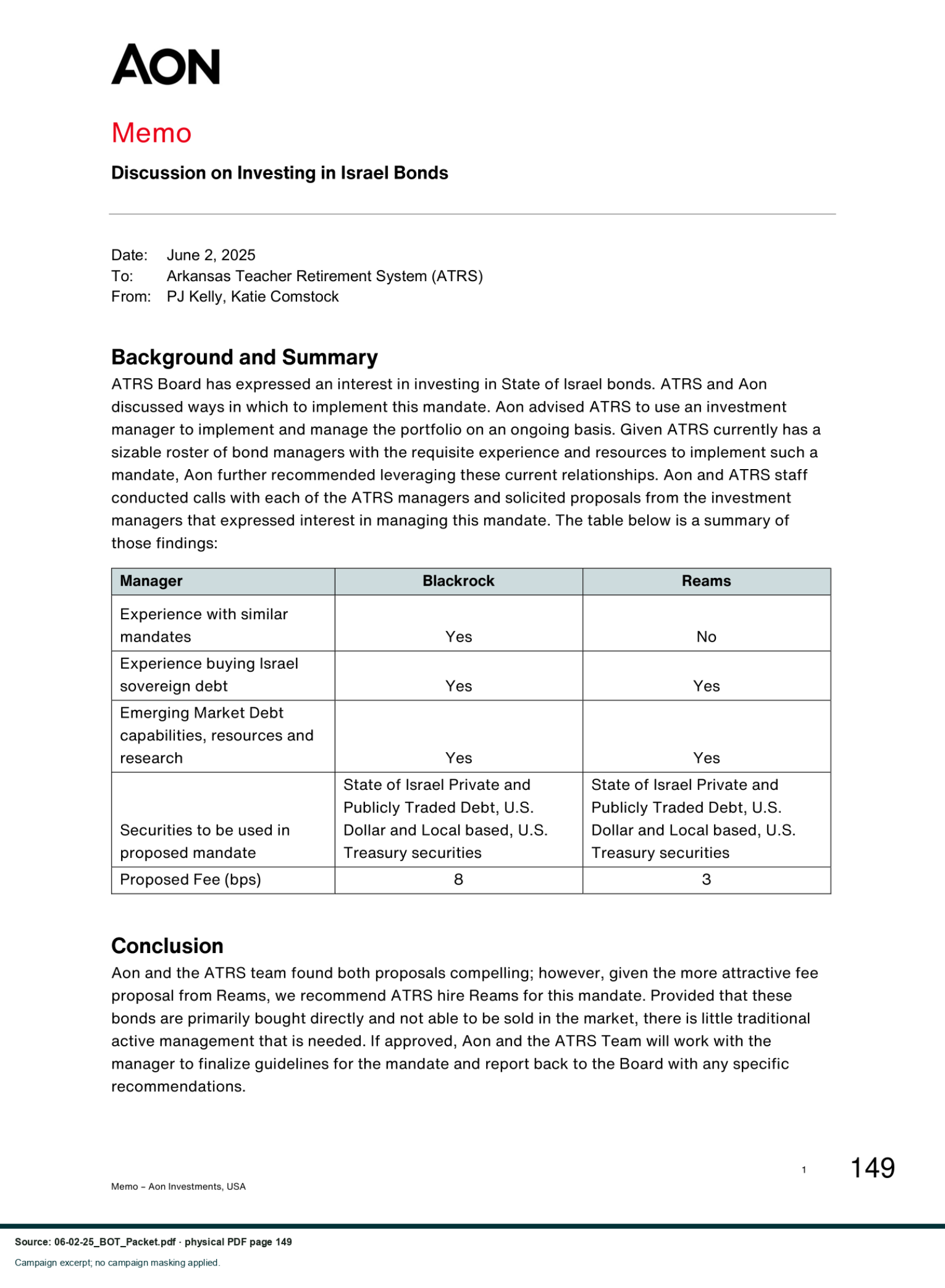 Reviewed exhibit: Aon implementation and manager-selection memorandum