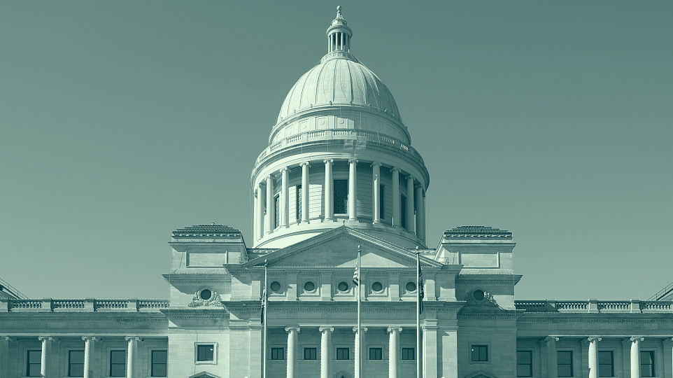 Arkansas State Capitol, Little Rock — Carol M. Highsmith, Library of Congress (public domain), rendered as a pine-and-mint duotone.